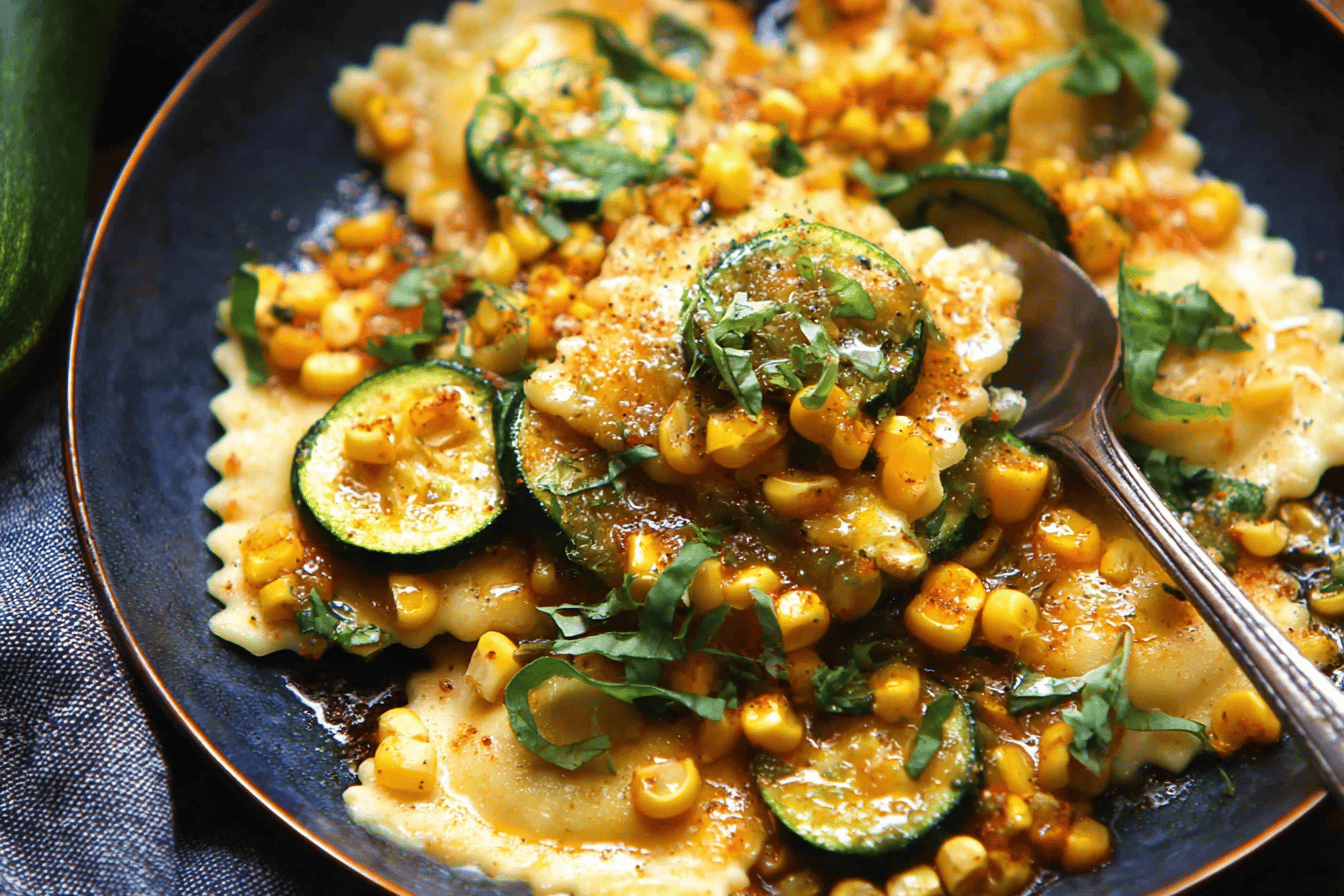 30-Minute Ravioli with Corn, Zucchini, and Garlic Butter Sauce