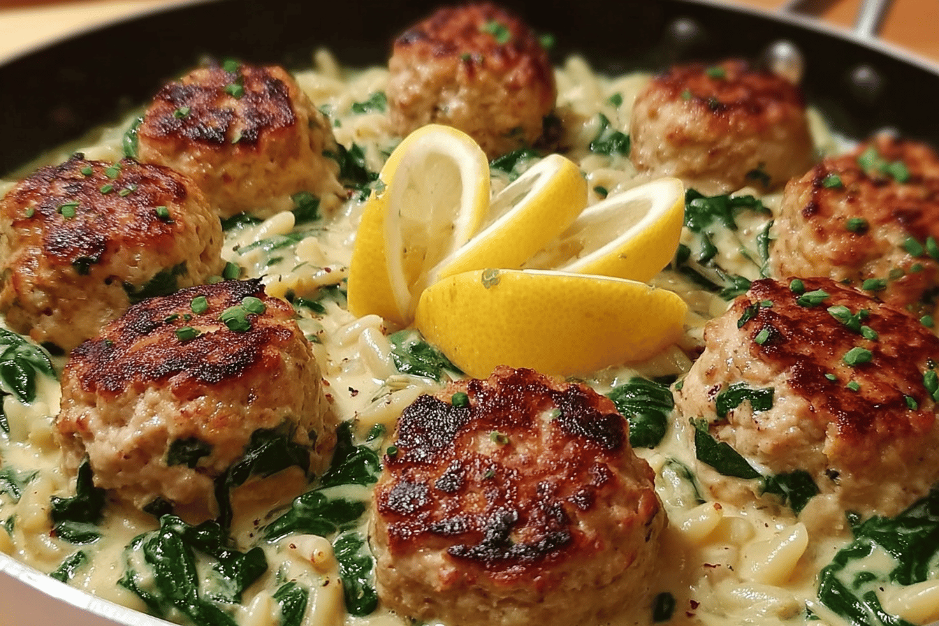 6-Ingredient Lemony Chicken Ricotta Meatballs Over Garlic Spinach Orzo