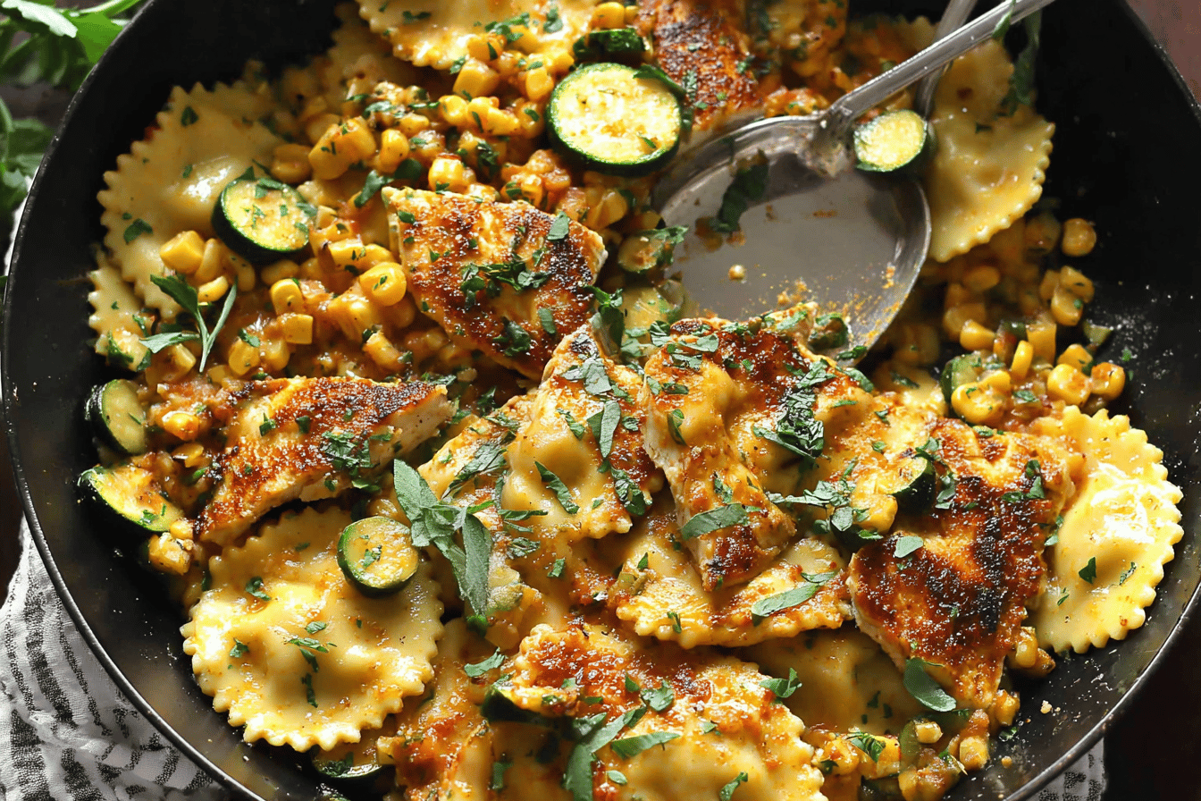 Garlic Butter Chicken with Zucchini, Corn, and Ravioli (30-Minute Recipe)
