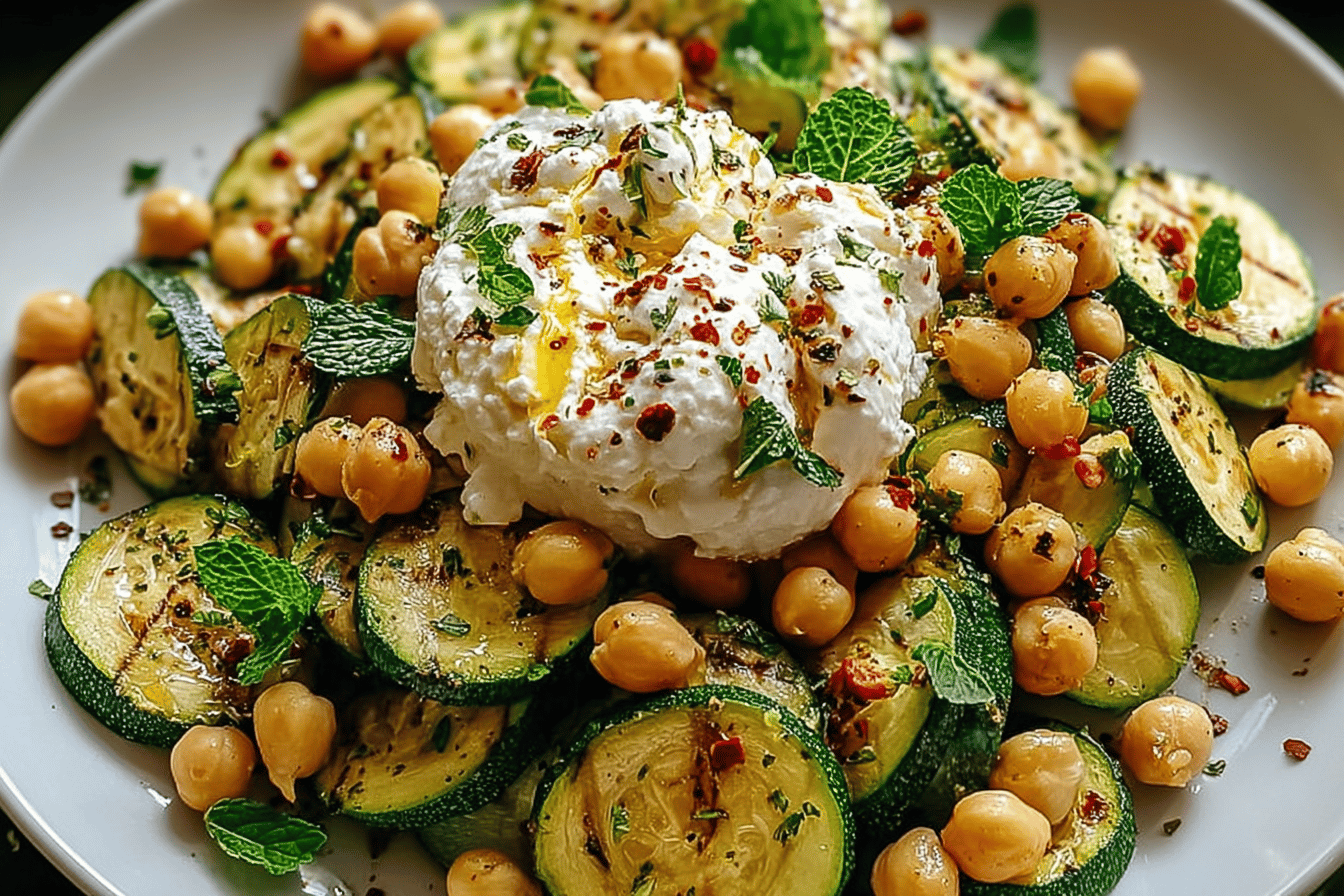 Grilled Zucchini Chickpea Salad with Burrata & Chili Oil