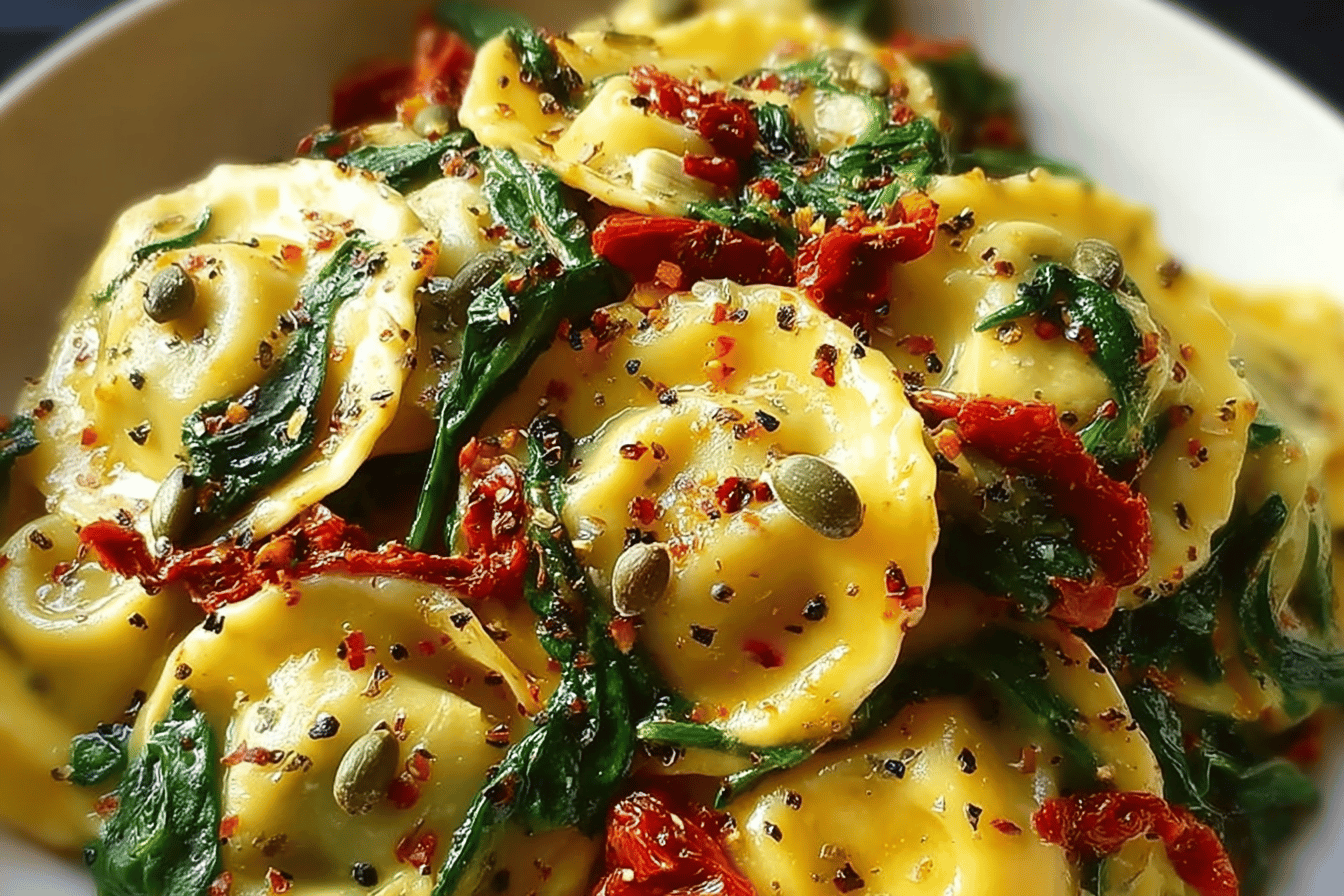Italian Ravioli with Spinach, Artichokes, Capers, and Sun-Dried Tomatoes