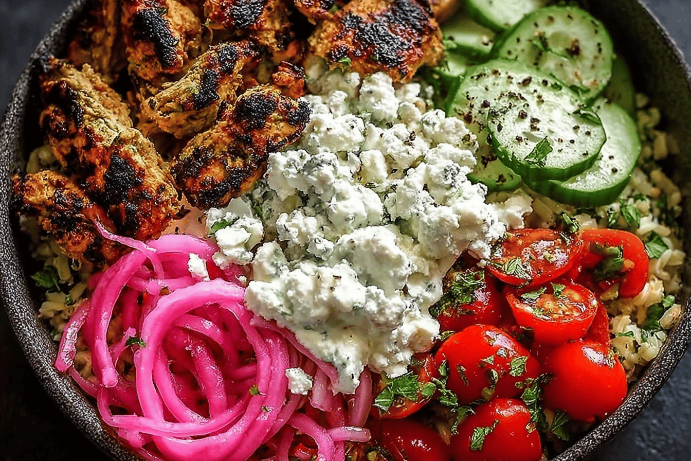 Loaded Mediterranean Chicken Power Bowl with Tzatziki and Feta