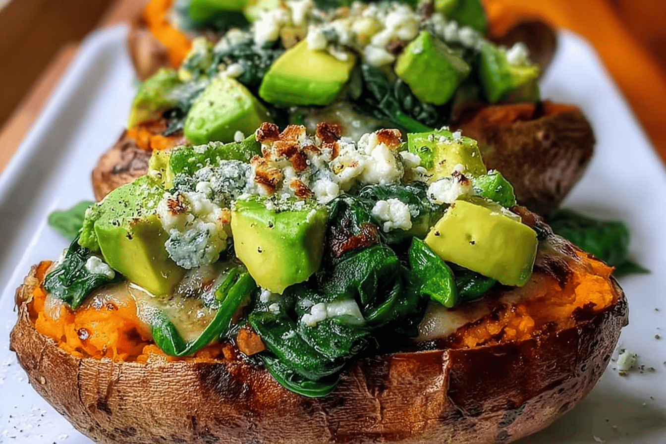 Stuffed Sweet Potatoes (Spinach, Avocado, Mushroom & Feta)