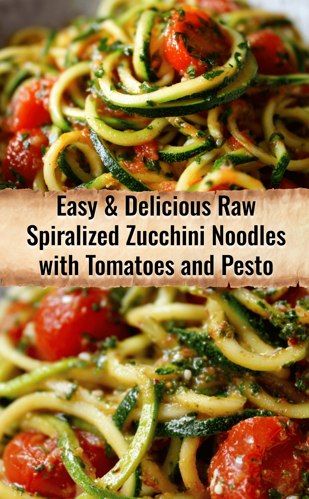 Raw Spiralized Zucchini Noodles with Tomatoes and Pesto